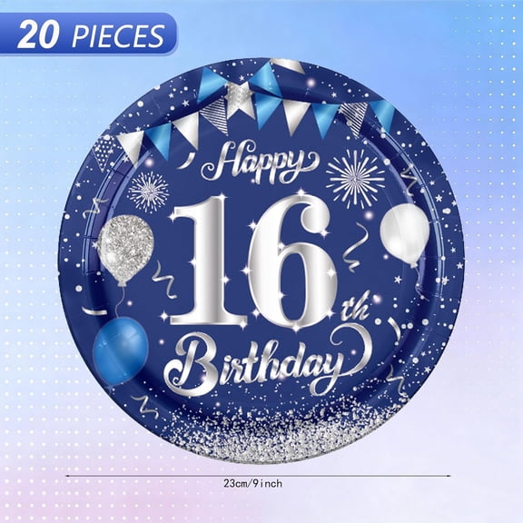 FGTHBF-20Pcs 9 Inch 16th Disposable Birthday Plates Sweet 16 Blue & Silver Theme Tableware Dessert Plate Set Heavy Duty Paper Plates, Cool Teen Party Decorations Supplies for Boys and Girls