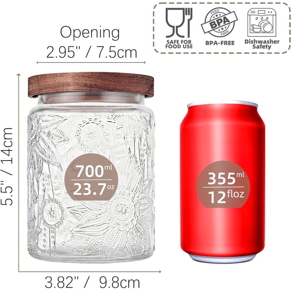 FGTHBF-23.7 fl oz Vintage Glass Jar with Wooden Lid, Airtight Decorative Food Storage Canisters for Kitchen Counter & Pantry, Ideal for Candy, Sugar, Coffee,salt, Tea, Cereal, Flour, Oats
