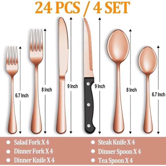 FGTHBF-24 Pcs Rose Gold Silverware Set with Steak Knives Service for 4,Stainless Steel Flatware Set,Mirror Polished Cutlery Utensil Set, Kitchen Eating Tableware,Include Fork Knife Spoon Set,Dishwash