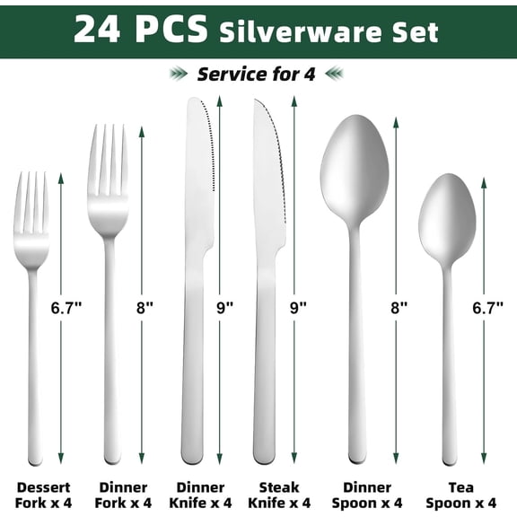 FGTHBF-24 Pcs Silverware Set with Steak Knives, Stainless Steel Flatware Set for 4, Food-Grade Cutlery Set, Mirror Polished Tableware Eating Utensils Set for Kitchen, Knife Fork Spoon Set, Dishwasher