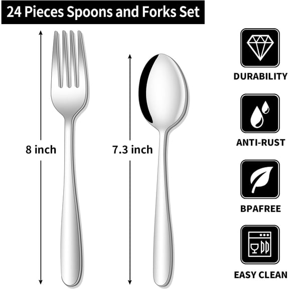 FGTHBF-24-piece Forks and Spoons Silverware Set, Food Grade Stainless Steel Flatware Cutlery Set for Home, Kitchen and Restaurant, Mirror Polished Forks and Spoons Set for 12, Dishwasher Safe