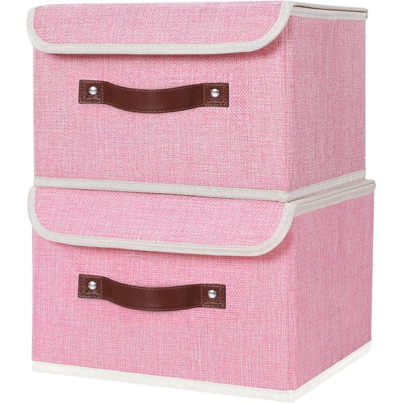 FGTHBF-2PCS Storage Bins with Lid PU Leather Handles Storage Boxes PP Plastic Board Decorative Foldable Lidded Cotton Linen Fabric Home Cubes Baskets Closet Organizer Containers - Pink, Small Size