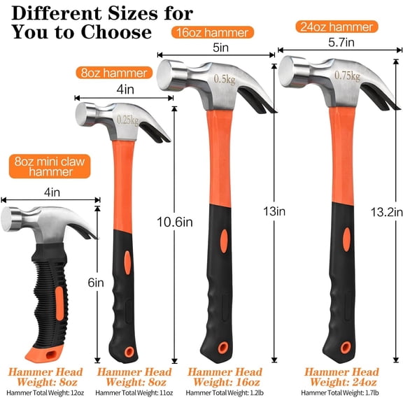 FGTHBF-2pcs 8oz Straight Rip Hammer, Fiberglass General Purpose Claw Hammer, with Smooth Face & Non-slip Grip