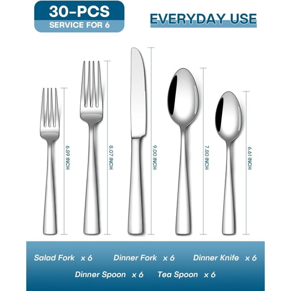 FGTHBF-30 Piece Silverware Set, Food-Grade Stainless Steel Flatware Sets for 6 Mirror Polished Cutlery Utensil Sets Include Dinner Knives Spoons and Forks Set Dishwasher Safe for Home Restaurant