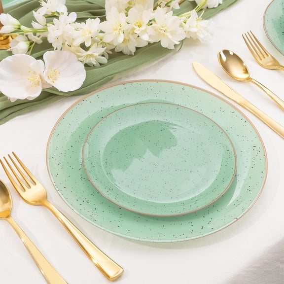 FGTHBF-32PCS Green Plastic Plates - Green Stone Plastic Disposable Tableware Plates Modern Dinnerware Set - Wedding & Warm Winter & Party & St. Patrick's Day & Easter Day