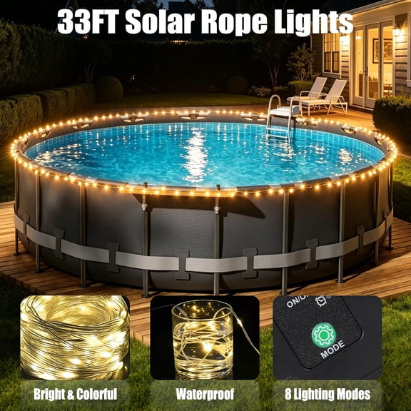 FGTHBF-33FT Solar Powered Pool Lights for Above Ground Pools,Waterproof LED Rope Lights for Outside,8 Modes Outdoor String Lights for Frame Pools,Decorative Lighting for Trampoline Patio Pool Fence