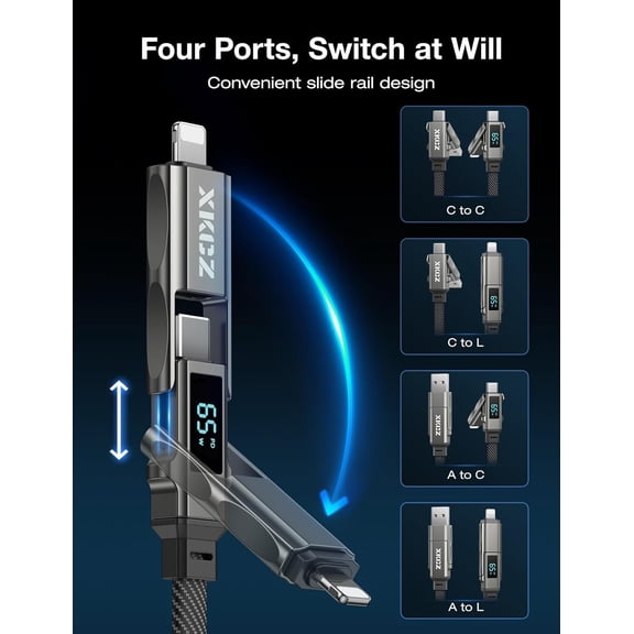 FGTHBF-4 in 1 USB C Cable with Wattage Display, 65W Flat Nylon Braided Multi Charge Cable with Data Sync, USB C Charging Cord Combo Type C/USB A/L Port for iPhone/iPad/Samsung/Laptop, 5FT