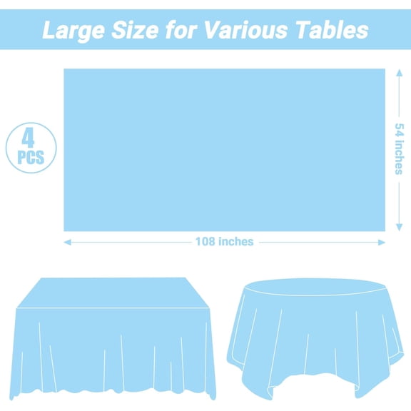 FGTHBF-4 PCS SkyBlue Plastic Tablecloth, 54" x 108" Waterproof Picnic Table Cover for Indoor Outdoor, Disposable Stain Resistant Table Cloth of Baptism Decorations, Picnic Camping Party Essentials