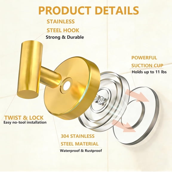FGTHBF-4 Pack Suction Cup Hooks Strong Towel Shower Storage Gold Wall Twist Tight Suction Hooks for Wash Wreath Hanger Loofah