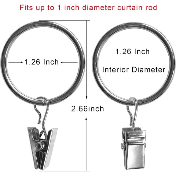FGTHBF-40 Pack Curtain Rings with Clips, Drapery Clips with Rings, Drapes Rings 1.26 in Interior Diameter, Fits up to 1 Inch Curtain Rod, Silver