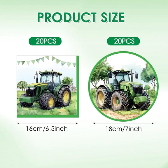 FGTHBF-40Pcs Tractor Birthday Decorations,Tractor Party Tableware Set Includes 20Pcs Disposable Paper Plates and 20Pcs Napkins for Green Farm Tractor Themed Birthday Party Supplies,Serve 20