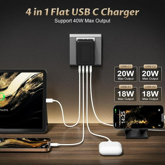 FGTHBF-40W Flat USB C Charger Block 4Port Foldable & Slim Fast Charging Block 4Ports USB Wall Plug Cube Box Compatible with iPhone16/15 Samsung, Pixel, Tablets, Multiport Power Adapter