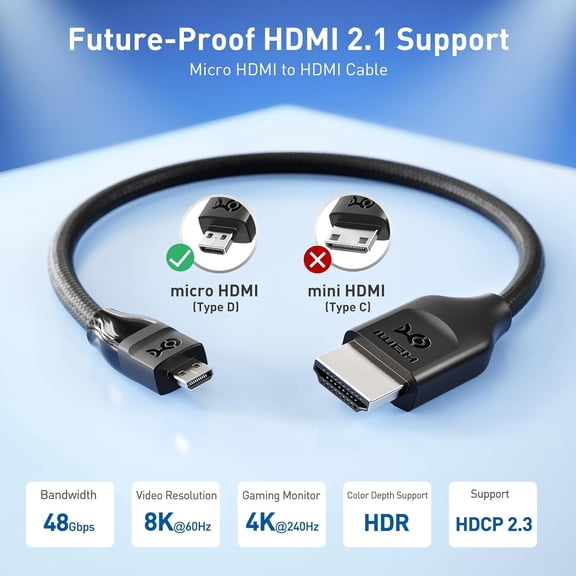 FGTHBF-48Gbps 8K Micro HDMI to HDMI 2.1 Cable - 1ft, Supports 8K@60Hz / 4K@240Hz with HDR, MicroHDMI Cable Works with Digital Camera, GoPro, Raspberry Pi 5 / Pi 4, Tablet and Laptop
