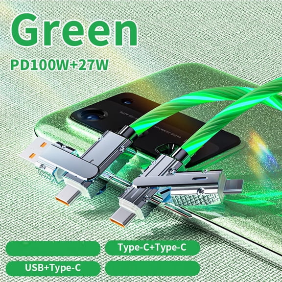 FGTHBF-4in1 Multi Ports Charger 4 Combinations in one Cable USB A/Type C to Type C PD 100W Fast Charging Cord Lighted Up LED Current Flowing Compatible with Almost of Electrical Devices-Green
