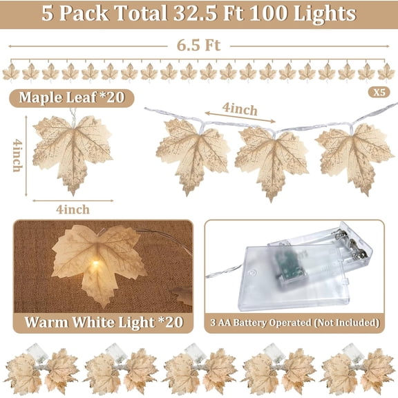 FGTHBF-5 Pack Thanksgiving Garland with Lights Maple Leaf String Lights - Total 32.5 Ft Fall Leaf Garland String Lights with 100LED Battery Operated Decor for Fireplace Thanksgiving Table Decorations