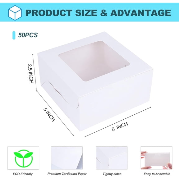 FGTHBF-50 Packs 5x5x2.5in White Cookie Boxes, Bakery Boxes with Window, Mini Cake Boxes, Food Container Boxes for Cookies, Pastry, Pie, Strawberries, Donuts, Candy, Desserts, Small Cake