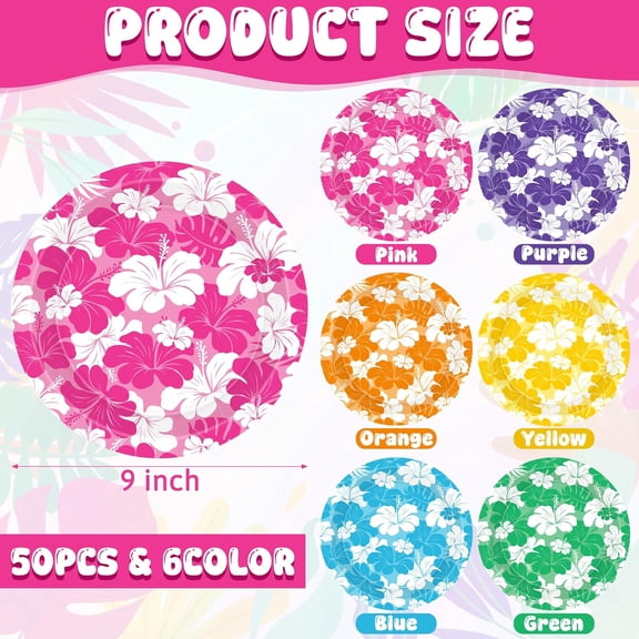 FGTHBF-50 Pcs Hibiscus Party Plates, Hawaiian Luau Paper Plates 9 Inch, Disposable Hawaiian Theme Tableware Set Tropical Dinnerware Aloha Decorations for Summer Beach Shower Party Supplies Serves 50