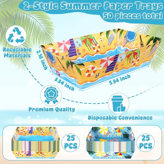 FGTHBF-50 Pcs Summer Party Decorations, 5.94" x 3.34" x 2.16" Summer Pool Beach Snack Tray Large Food Trays, 2 Design Paper Serving Tray for Pool Party Decorations Hawaii Beach Tropical Favors