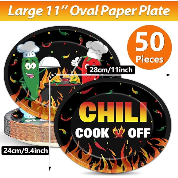 FGTHBF-50PCS Chili Cook Off Oval Paper Plates Large 11" Disposable Red Hot Chili Contest Platter Party Decoration Dish Tray for Mexican Fiesta Chili Cooking Competition Supplies for Chili Party Table