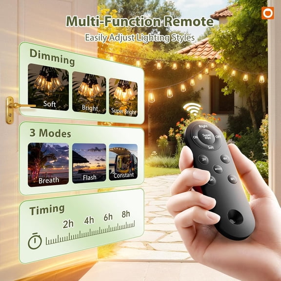 FGTHBF-52(48+4) FT Solar String Lights Waterproof,Patio Lights Solar Powered with Remote & USB Port 16+1 LED Shatterproof Bulbs 3 Light Modes, Dimmable Solar Light for Camping Backyard Garden