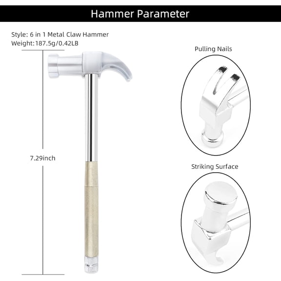 FGTHBF-6 in 1 Metal Hammer & Screwdriver Multitool Set with Anti-Slip Grip Handle Slotted/Flat Head Phillips Screwdriver Nail Puller and Claw Hammer Best Gift for Sweetheart(Silver Yellow)