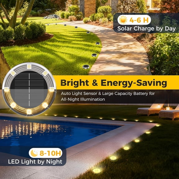 FGTHBF-6 Pack Solar Ground Lights Outdoor, 8 LED Mini Flat Solar Disk Lights, IP65 Waterproof Anti-Rust Disc Light, Landscape Lighting for Garden Pathway Yard Walkway Driveway Lawn,Warm White