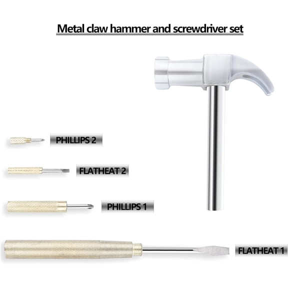 FGTHBF-6-in-1 Metal Hammer & Screwdriver Multi-Tool Set with Small Nesting Hammer and Flat Head Phillips Screwdriver Set Non-slip Handle Slotted Best Gift for Husband, Son, Dad and G (Silvery-yellow)