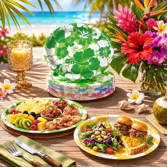 FGTHBF-60 Pcs Hawaiian Hibiscus Plates Bulk 10" x 12" Tropical Luau Disposable Paper Oval Plates Large Hibiscus Party Tableware for Summer Hawaiian Luau Beach Pool Party Supplies