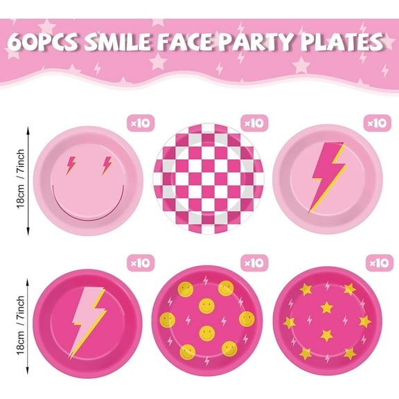 FGTHBF-60PCS Preppy Party Decorations Smile Face Birthday Decorations Pink and Yellow Smile Face Paper Plates 7 Inch, Pink Checkered Party Dessert Plates Disposable Lightning Star Tableware Set Party