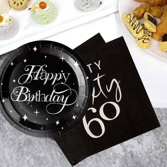FGTHBF-60th Birthday Party Tableware Napkins and Plates Set,60th Birthday Decorations for Men Women Black and Silve Party Decorations Napkins and Plates Serves 20