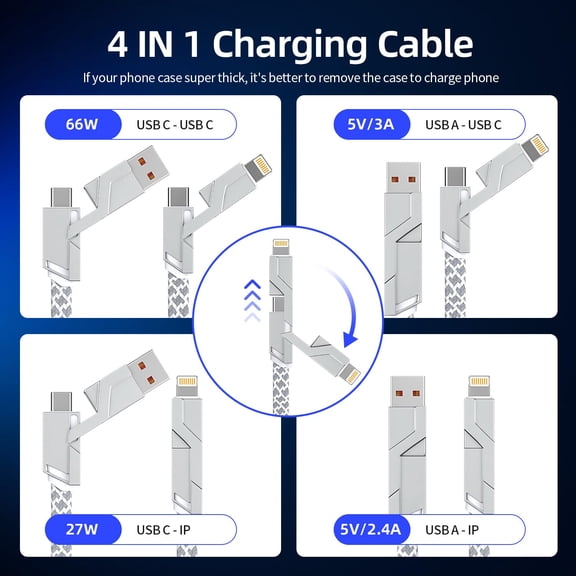 FGTHBF-66W 4 in 1 Charging Cable,Fast Multi Charging Cable 5FT,USB C Cable Fast Charge&Data Transfer, Type C 66W 27W PD Multiple Charger Cord for iPhone16/15/14/13 Series/Phones/Pads/Laptop and More-