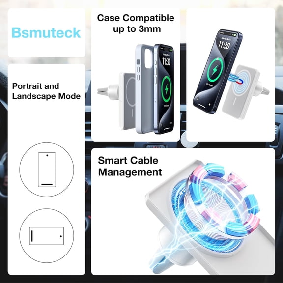FGTHBF-7.5W MagSafe Wireless Car Charger Mount Pro Strong Magnetic Vent Holder for iPhone 17/16/15/14/13/12 Series & More, 360 Rotation & Overheat Protection, White
