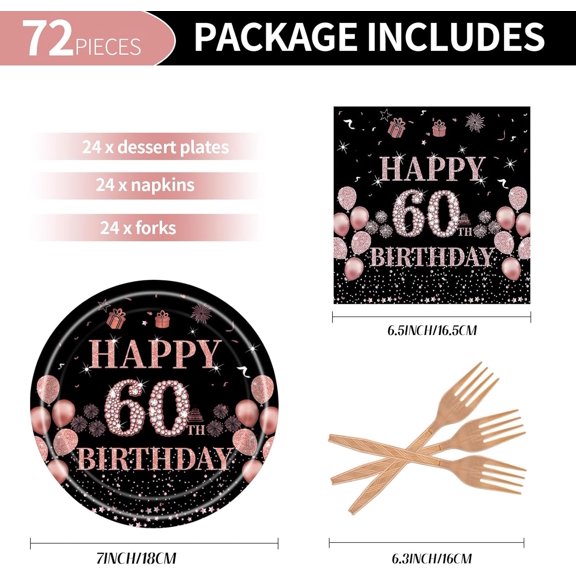 FGTHBF-72 Pcs 60th Birthday Party Supplies Paper Plates and Napkins, Black Rose Gold 60th Birthday Plates Napkins Tableware Set for Men Women Cheers to 60 Years Decorations, Serve 24 (60th)