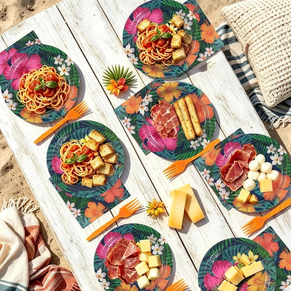 FGTHBF-72 Pcs Tropical Hawaiian Aloha Party Supplies, 9 Inch luau Party Paper Plates with Party Napkins and Disposable Plastic Forks for BBQs, Summer Party, Dinner, Wedding, Birthday, Picnic (Blue)