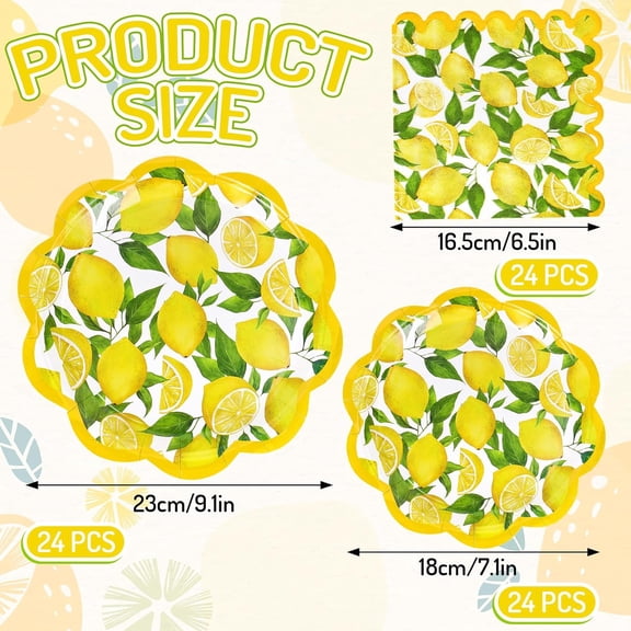 FGTHBF-72Pcs Lemon Tableware Set Watercolor Lemon Fruit Party Decor Supplies Summer Scalloped Yellow Paper Disposable Plates and Napkins for 24 Guests Party Supplies Table Decor