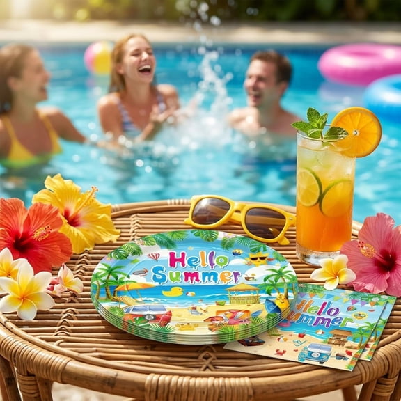 FGTHBF-75 Pcs Pool Party Decorations & Tableware Set - Serves 25 - Beach Ball Theme Summer Birthday Plates and Napkins Supplies- Disposable Paper Plates for Poolside Summer Party Decorations