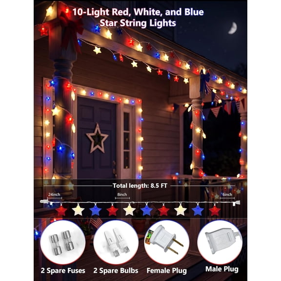 FGTHBF-8.5Ft 10LED Red White and Blue Star String Lights, 4th of July Decorations Lights for Outdoor, Connectable LED Patriotic Lights Waterproof for Backyard Patio Flag Day Memorial Day Independence