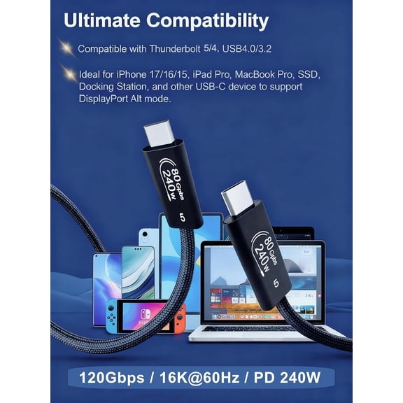 FGTHBF-80Gbps Compatible with Thunderbolt 5 Cable, Bandwidth up to 120Gbps,16K/Dual 8K Display and 240W Charging, 1FT USB C to USB C Cable Compatible with Thunderbolt 4/5