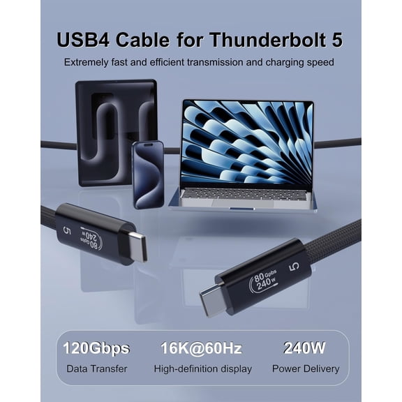 FGTHBF-80Gbps Compatible with Thunderbolt 5 Cable, Bandwidth up to 120Gbps,16K/Dual 8K Display and 240W Charging, 5FT USB C to USB C Cable Compatible with Thunderbolt 4/5