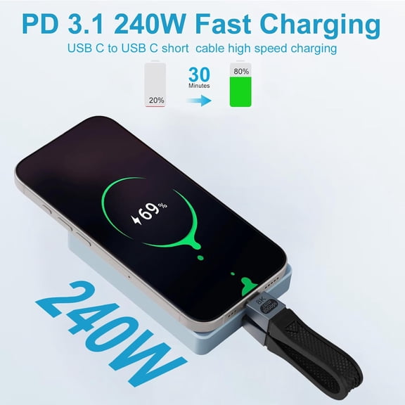 FGTHBF-80Gbps USB C Short Cable 5 inch, Flat USB C Thunderbolt 5 Cable, 80Gbps Data Transfer, 240W Fast Charging, 8K/16K Video, Thunderbolt 4/3 Compatible, for iPhone, Laptop, Docking, in Black