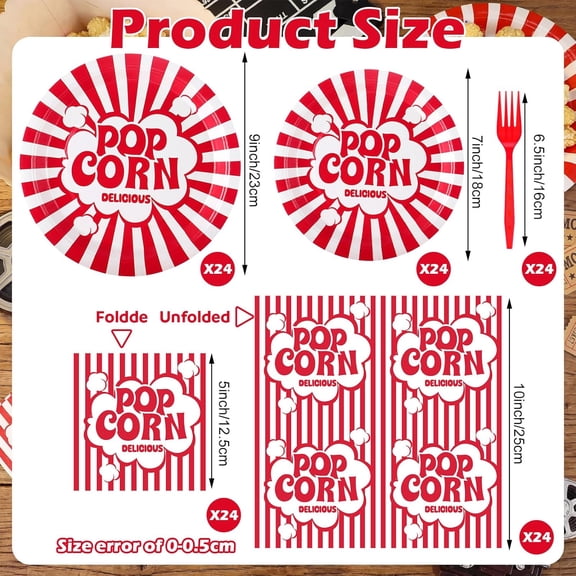 FGTHBF-96 Pcs Popcorn Party Decorations Disposable Carnival Paper Plates and Napkins Plastic Forks Movie Night Party Decorations Popcorn Tableware Supplies for Birthday Circus Holiday Themed Favors