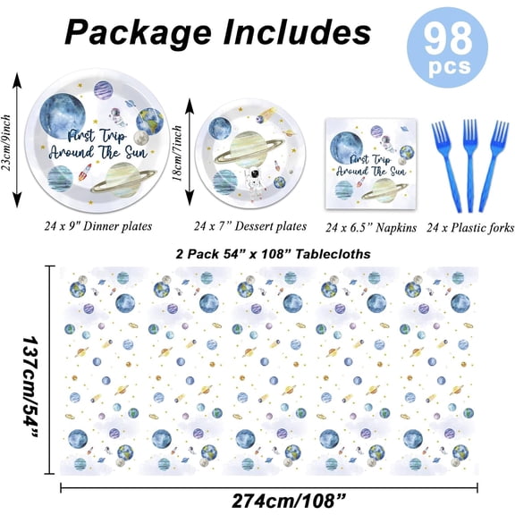 FGTHBF-98 PCS First Trip Around The Sun Birthday Party Tableware Set Outer Space Themed Decorations 1st Space Birthday Dinner Paper Plates Boho Solar System Tablecloth Napkins Forks Sun Theme Party S