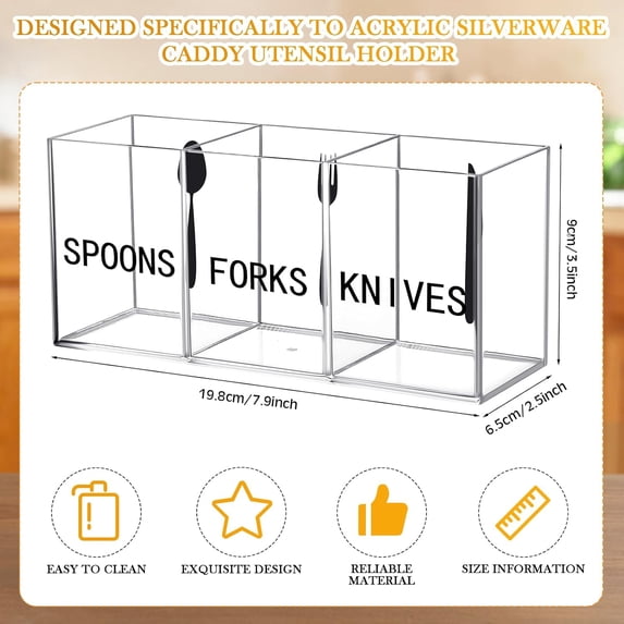 FGTHBF-Acrylic Cutlery Storage Organizer Plastic Utensil Holder Clear Silverware Organizer 3 Section Tableware Storage Box Countertop Fork Spoon Knife Holder Party Flatware Caddy for Kitchen Storage