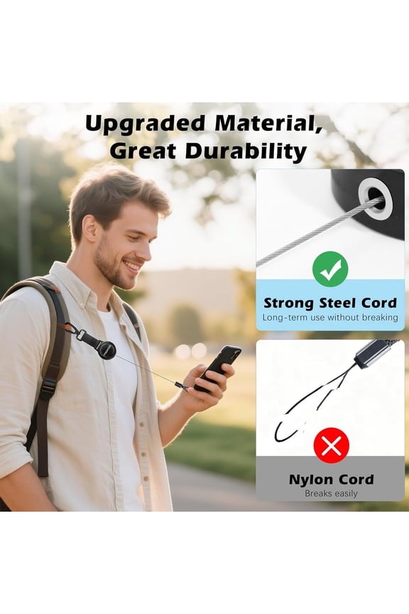 -Anti-theft Phone Tether, Phone Lanyard & Keychain Retractable Steel Line Cellphone Strap with Locking Carabiner and Metal 360 Tether Tab for Outdoor Skiing Hiking Climbing Fishing, Black
