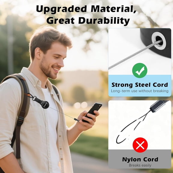 FGTHBF-Anti-theft Phone Tether, Phone Lanyard Retractable Steel Line Cellphone Strap with Locking Carabiner and Metal 360 Tether Tab for Outdoor Skiing Hiking Climbing Fishing, Black