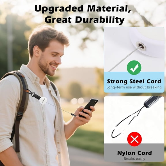 FGTHBF-Anti-theft Phone Tether, Phone Lanyard Retractable Steel Line Cellphone Strap with Locking Carabiner and Metal 360 Tether Tab for Outdoor Skiing Hiking Climbing Fishing, White&Black