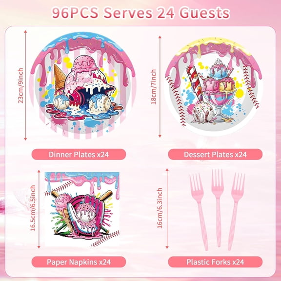 FGTHBF-Baseball Ice Cream Drip Party Decorations, 96 Pcs Baseball Drip Plates and Napkins Forks Tableware Set, Ice Cream Drip Baseball Birthday Party Supplies Disposable Plates Set for 24 Guests