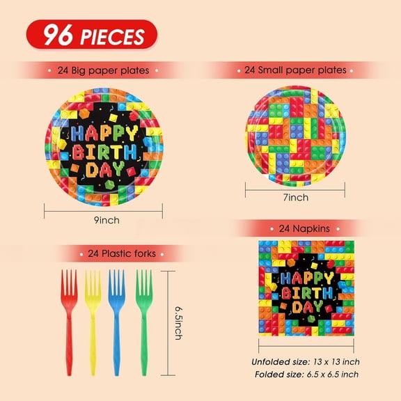 FGTHBF-Building Block Birthday Party Supplies,Disposable Multicolor Building Blocks Party Supplies Tableware Kit Includes Paper Plates Napkins Forks Set, Birthday Party Decorations,Serves 24