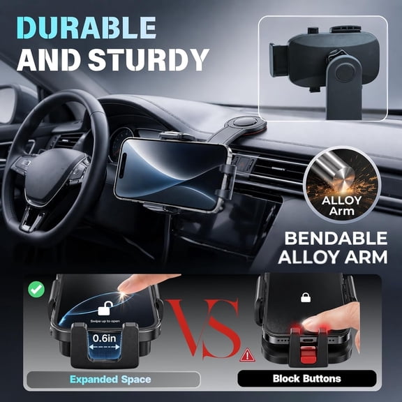 FGTHBF-Car Phone Holder for Dashboard, Bendable Aluminum Arm Phone Mount with One-Button Release Clamp, Dual 360 Adjustable Anti-Shake Holder, Adhesive Car Mount for iPhone 17 Pro Max Samsung Androi
