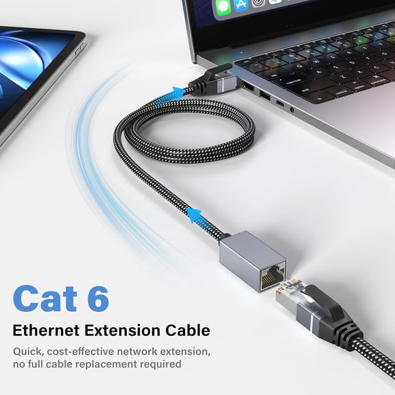FGTHBF-Cat6 Ethernet Extension Cable 10ft Braided, Supports Cat8/Cat7/Cat6/Cat5e/Cat5 Network Cord, High Speed Internet RJ45 LAN Cable Extender Male to Female Connector for Router/Modem/TV/PC/Laptop